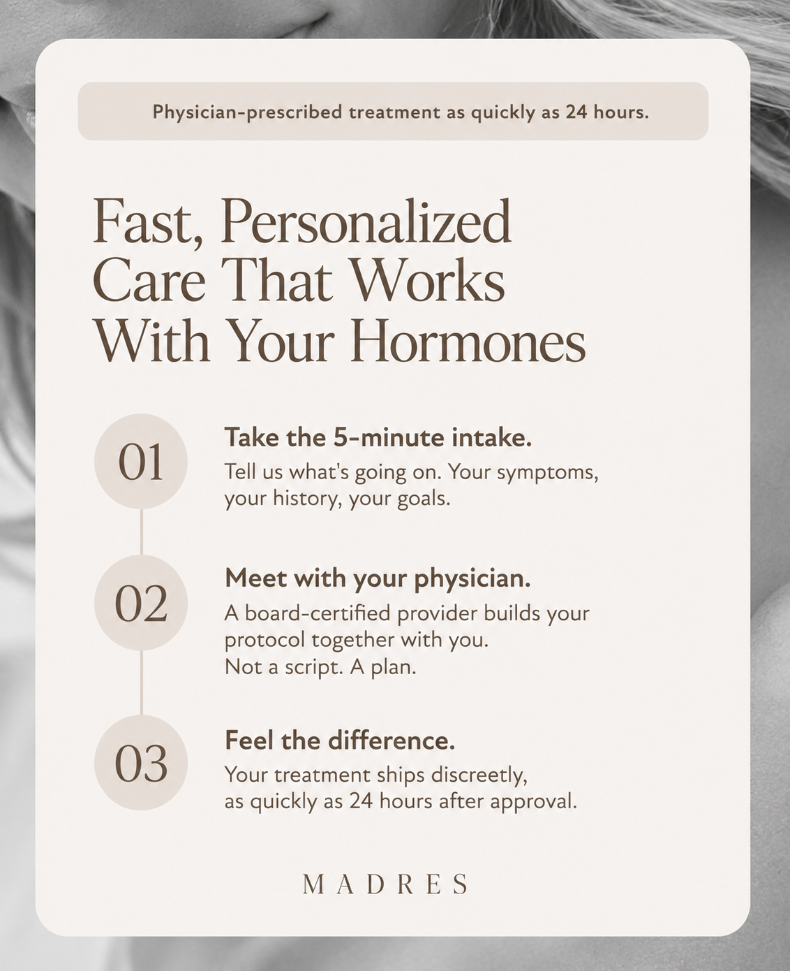 A promotional informational card for MADRES fast, personalized care that works with your hormones. The card features a light beige background with dark brown text and three numbered steps highlighting a 5-minute intake, meeting with a physician, and feeling the difference.